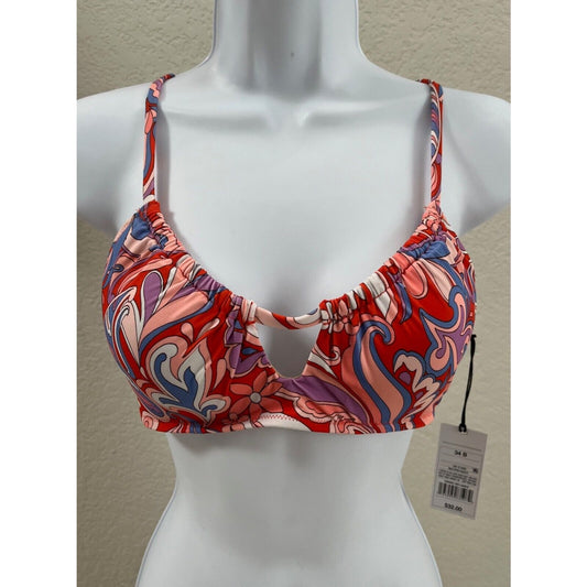 Women's Tunneled Front Keyhole Bralette Bikini Top Orange Paisley Floral - 34C