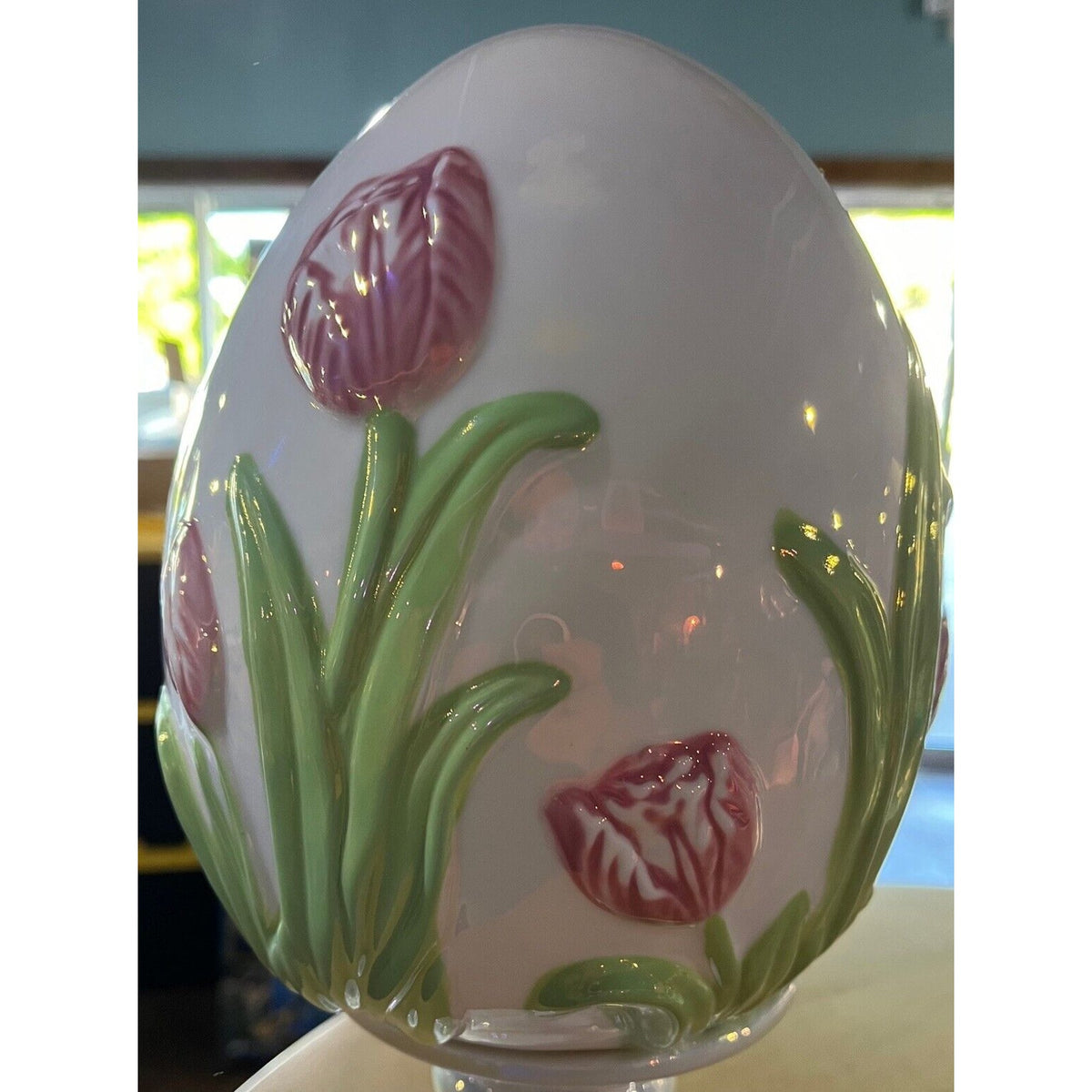 8" Illuminated Porcelain Egg with Tulips By Valerie Pink Easter Spring