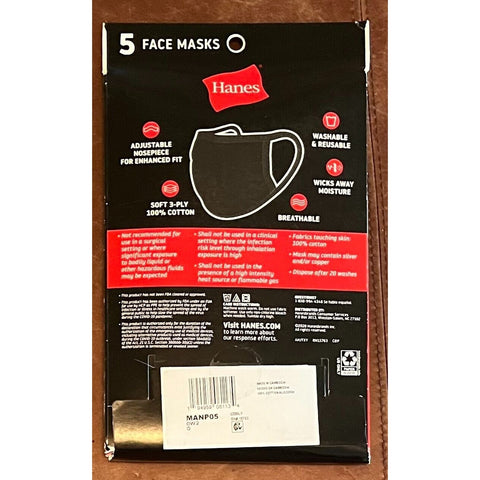 5 Pack Hanes Face Masks - Black Cotton Reusable Cover Face mask Cloth Facemask