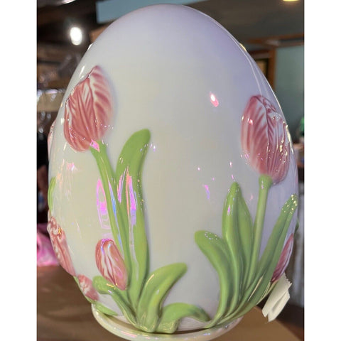 8" Illuminated Porcelain Egg with Tulips By Valerie Pink Easter Spring