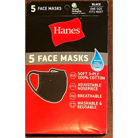 5 Pack Hanes Face Masks - Black Cotton Reusable Cover Face mask Cloth Facemask