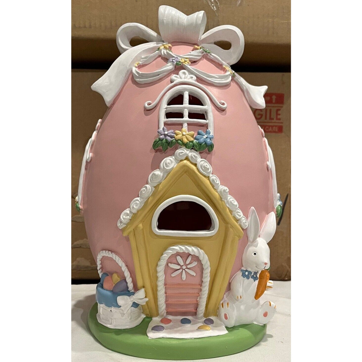 13" Illuminated Egg House with Bow by Valerie Pink Easter Home Decor