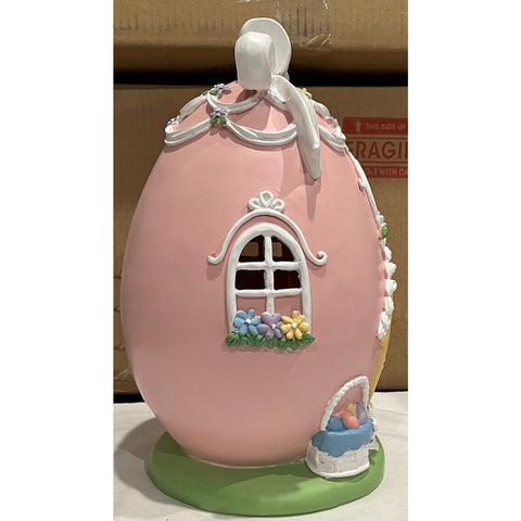 13" Illuminated Egg House with Bow by Valerie Pink Easter Home Decor