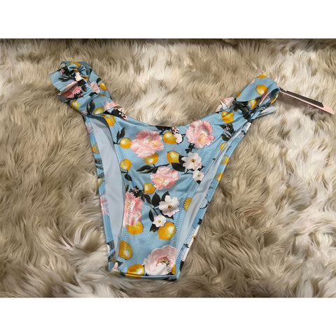 Victoria's Secret Swim Ruffle Brazilian Bikini Bottom Blue Lemon Floral - M