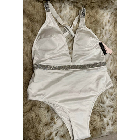 Victoria's Secret Swim One Piece Rhinestone Strap Crossback Swimsuit White - M